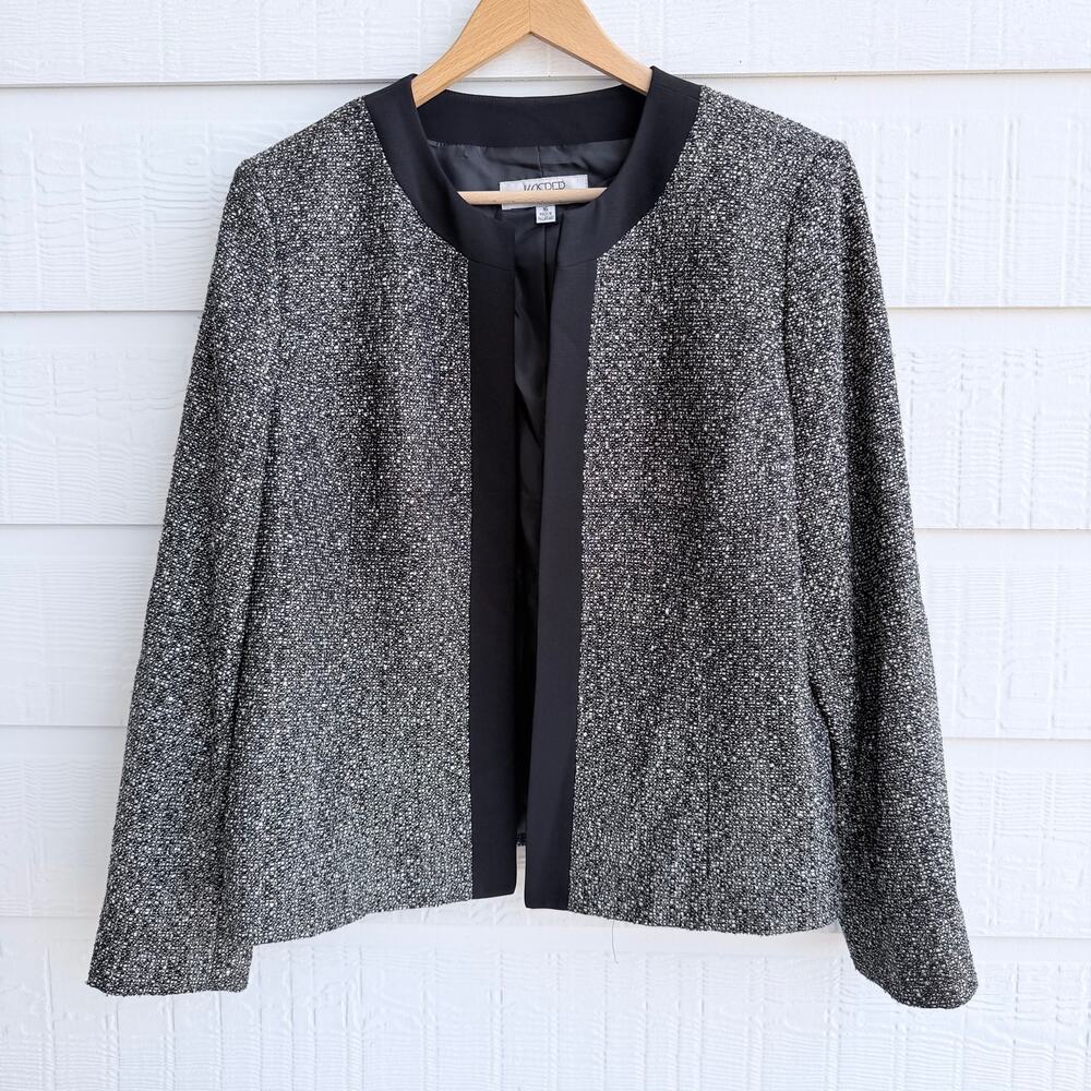 Kasper Textured Bouclé Open Front Jacket Black Gold White Size 16